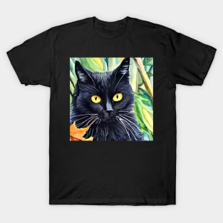 Beautiful black cat in the woods watercolor. T-Shirt